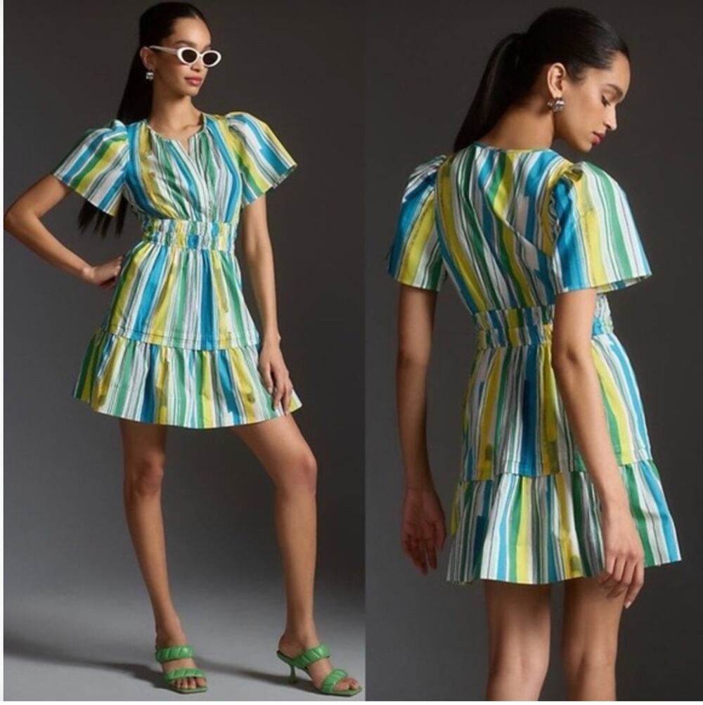 Anthropologie Somerset Mini Dress Green Blue Yellow Stripe Smocked Waist S NWT